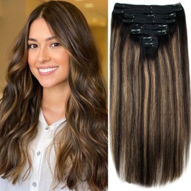 Hair Extensions Clip In Human Hair Balayage Chocolate Brown To Caramel Blonde Remy Human Hair Extensions Clip in Real Natural Hair Extensions Silky Straight 120g 8pcs (14inch, 1B/27/1B)