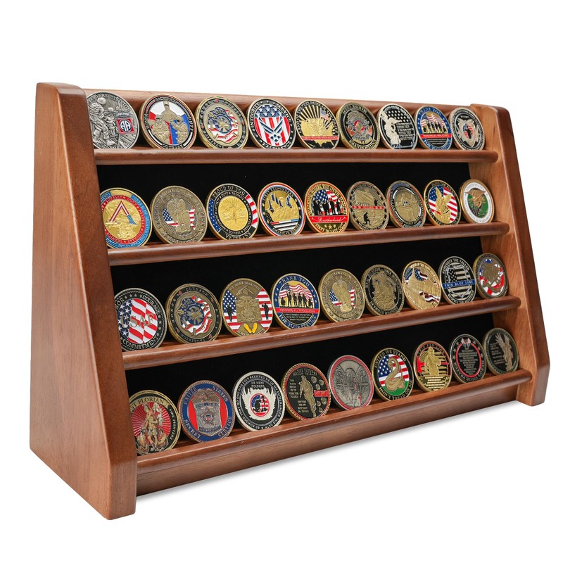 DecoWoodo Challenge Coin Display Case, 4 Row Solid Wood Military