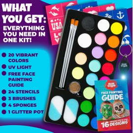 Blue Squid Face Painting Kit for Kids – UV Neon Glow Colors Ultimate Face Paint Kit, Stencils, Book - Safe for Sensitive Skin, Non Toxic Face Painting Kit Professional - Kids Party, Glow in the Dark