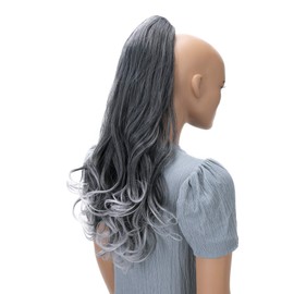 CAISHA by PRETTYSHOP 24" Long Hair Clip On Ponytail Extension Heat-Resistant Synthetic Hairpiece Slightly Wavy Gray Black Mix H505