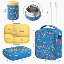 Kids Bento Lunch Box with Thermo Leak-Proof Snack Lunch Containers with Insulated Lunch Bag Utensils Set Back to School Supplies Gifts for Boys and Girls Toddlers Kindergarten Lunch Accessories Blue