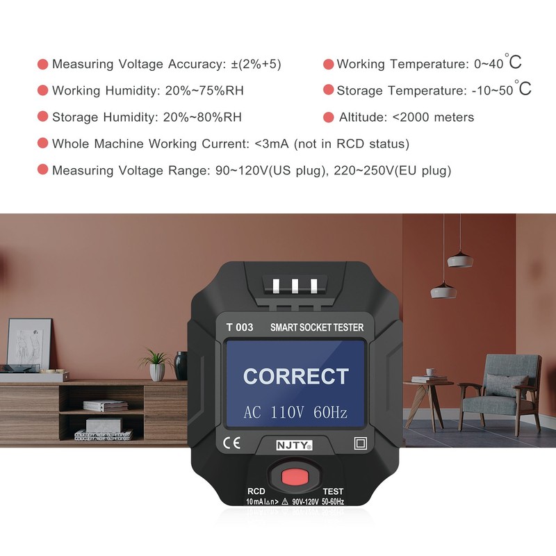 NJTY 90~120V US Plug Socket Outlet Tester Smart Socket Tester