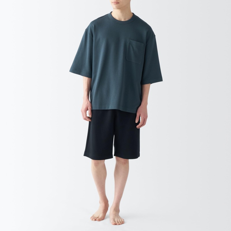 MUJI Men's Loungewear Set, Sweatshirt, Short Sleeve, Loungewear Set, navy