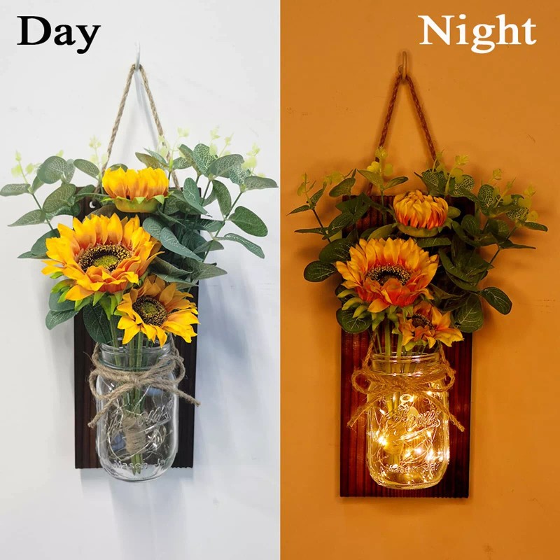 OurWarm Sunflower Mason Jar Sconces Wall Decor Set of 2