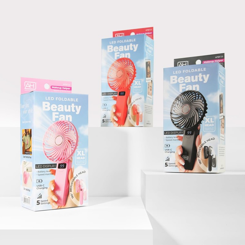 Absolute New York LED Foldable Beauty Fan, 5 Speeds, Hands-Free