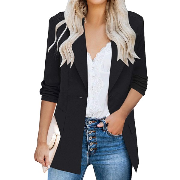 HOTOUCH Womens Casual Blazers 3/4 Stretchy Ruched Sleeve One Button Work Office Blazer Open Front Jacket S-XXXL Black
