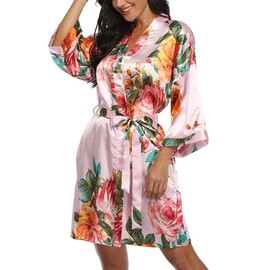 VOGMATE Floral Silk Robes for Women Short Satin Kimono Bride Bridesmaid Robes Bathrobe(Pink S-L)