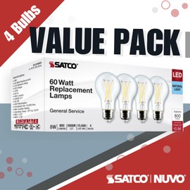Satco S12465 8A19/CL/LED/E26/950/4PK/120V, 8 Watt A19 LED; Clear; 5000K; Medium Base; 120 Volt; for use at Residential, Hospitality, Retail, Education Institutions, Contractors (12 Packs of 4 Bulbs)