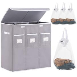 Large Laundry Hamper with Lid 3 Section by YOUDENOVA, 140L Tall Laundry Basket with Removable Bags, Divided Clothes Hampers for Laundry in Bedroom, Bathroom, Dorm, Grey