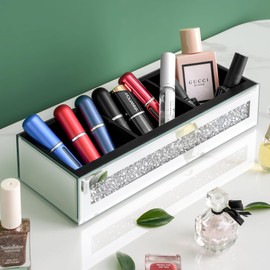 SHYFOY Mirrored Makeup Compact Organizer, 3 Compartment Vanity Organizer Stand Eyeshadow Pallet Storage for Lipstick Bronzer Powder Highlighter, Skincare Cosmetic Display Cases for Bathroom