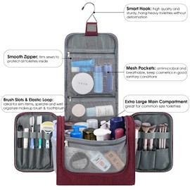 Large Hanging Toiletry Bag for Men and Women Travel Makeup Bag Organizer Portable Waterproof Bathroom Shower Bag Lightweight Shaving Bag (Red)