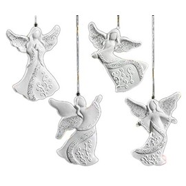Glitter White Porcelain Guardian Angel Christmas Tree Ornaments, Set of 4 Assorted, 3 1/2 Inches