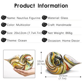 QFkris Glass Nautilus Conch, Hand Blown Seashell Art Glass Figurines, Multicolor Glass Sculpture Beautiful Glass Home Decor, Crystal Glass Paperweight