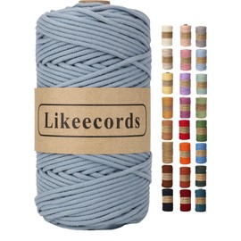Likeecords Braided Macrame Cotton Cord 3mm x 109yards,Macrame Rope, 100% Natural Cotton Rope Macrame String,Colorful Cotton Craft Cord for Bag,Wall Hanging, Plant Hangers, Knitting（Grayish Blue）