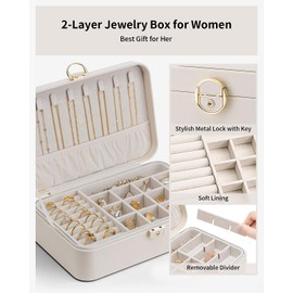 Vlando Jewelry Box Organizer for Girl,Faux Leather Lock Jewelry Case Boxes with 2 Layers,Earrings Necklace,Rings Storage,Gift Box Packaging,Wedding Birthday Gifts Beige