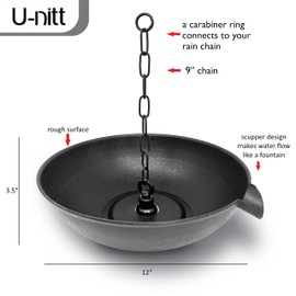 U-nitt 12" Spill Bowl Downspout Catch Basin for Rain Chain Anchoring & Stake | Rainwater Collection for Roof |Gutter Catch Basin | Good for Water Fountain & Birdbath | Black | Handles Heavy Rain