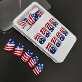 24Pcs 4th of July Press on Nails Patriotic American Flag Fake Nails Short Square Glue on Nails USA Flag Nails Press ons Acrylic Nail Full Cover Artificial False Nails for Women Manicure Decorations