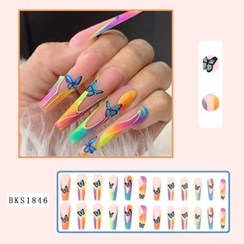 Vezocim Butterfly Press on Nails Square Shapes, 24Pcs Long Artificial Fake Nails with Blue Butterflies Designs, Full Cover Glossy Acrylic False Nails with Glue, Stick on Fingernails for Women(B1846)