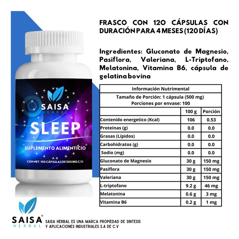 Suplemento Para Dormir 100 Cápsulas SLEEP | SAISA HERBAL |
