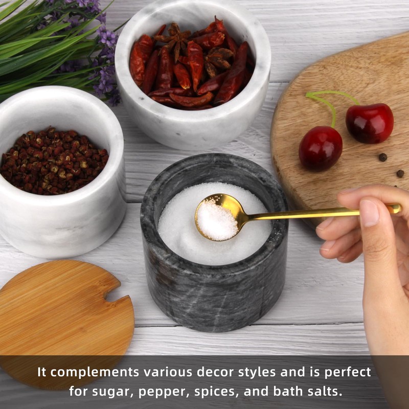 2 Sets Marble Salt Cellar Box with Bamboo Lid &