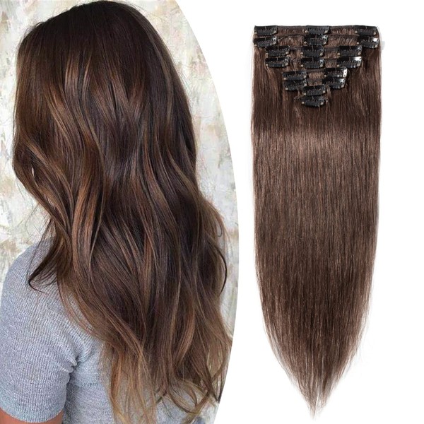 SEGO Clip-In Real Hair Extensions, 8 Pieces, Remy Hair Extensions, Natural Hairpiece, Straight, Medium Brown #4, 40 cm (65 g)