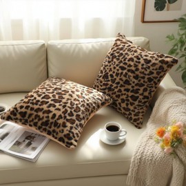 QIFONIX Leopard Print Throw Pillow Covers,Plush Faux Fur (Brown,18" x 18" (Pack of 2))