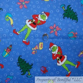 Dr. Seuss BonEful Fabric FQ Cotton Quilt VTG Blue Xmas Tree Dot Green GRINCH Dr Seuss Kid