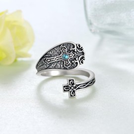 Feijiesi Cross Turquoise Spoon Ring 925 Sterling Silver Cross Thumb Ring Faith Thumb Ring for Women