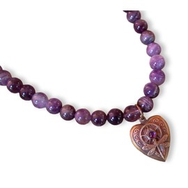 Elaine Coyne Collectible Artwear Neo Victorian Dragonfly, Vintage Gears on Heart Necklace - Amethyst - USA Made