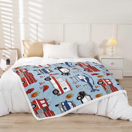 Feelyou Cartoon Police Car Fleece Throw Blanket, Red Fire Truck Sherpa Blanket for Kids Boys Toddler, 50x60 Inches