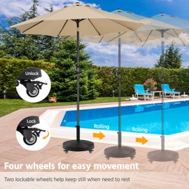 Yaheetech Outdoor Patio Umbrella with Self-weight Base – 9ft Market Lighted Umbrella & Heavy-Duty Wheeled Stand for Deck, Garden, Backyard, Tan