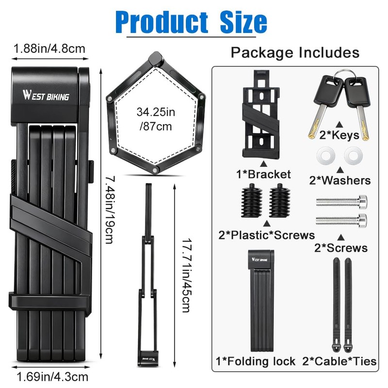 Cableet Heavy Duty 87cm Folding Bike Lock - Thickened Alloy