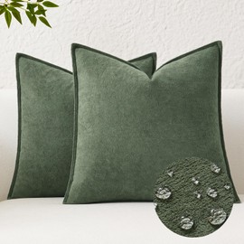Kevin Textile Waterproof Decorative Pillow Covers Olive Green 24x24 Inch Pack of 2 Soft Boucle Textured Euro Pillowcases Elegant Accent Pillows for Couch Sofa Chair Bed Home Decor Indoor Outdoor