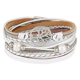 StarAppeal Women’s Wrap Bracelet with Pearls, Chains, Braided Element, Tree of Life Charm and Silver Magnetic Clasp, Silver