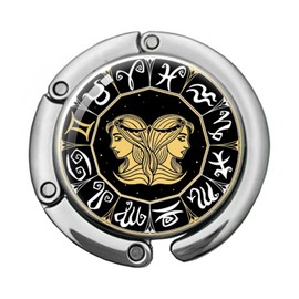 KANGYUSO Gemini Foldable Purse Hook Gifts, Black Gold Zodiac Sign Handbag Hanger, Women's Bag Hanger Holder, Round Purse Table Hook, Funny Gemini Birthday Gifts for Women Horoscope Astrology Lovers