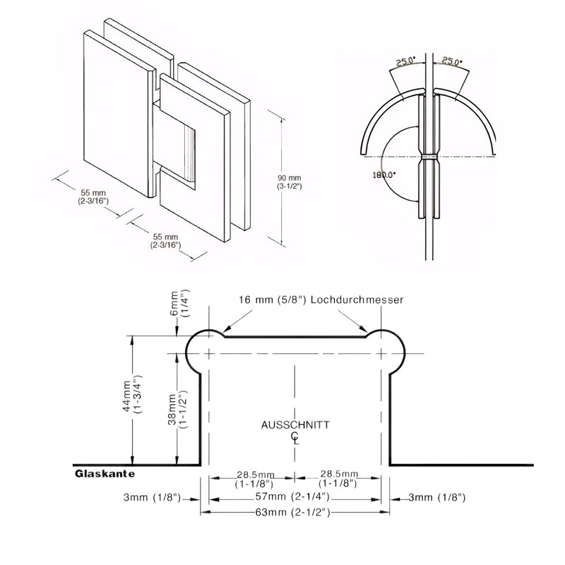 Shower Door Hinges, 180 Degree Glass Door Hinges, Heavy-Duty Brass