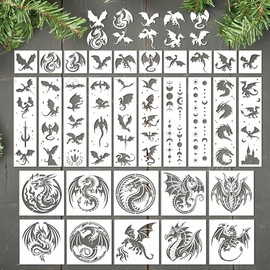 Keluna Dragon Stencils for Painting - 30 Pcs Reusable Pterosaur Moon Star Crafts Templates Dragon Themed Stencils for Painting onWood Wall DIY Art Craft Canvas Fabric Home Décor