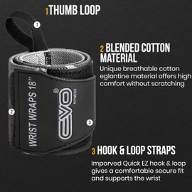 EVO Fitness Pair of 18” Deep Black Weight Lifting Wrist Wraps Support Elasticated Cotton Straps Thumb Loop Powerlifting Bodybuilding Strength Gym Training Workout (Camo Grey)