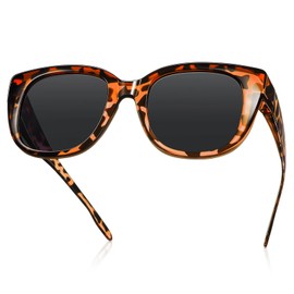 TINHAO Square Fit Over Glasses Sunglasses for Women, Polarised Oversized Sunglasses Over Glasses UV Protection(Amber leopard, Black)