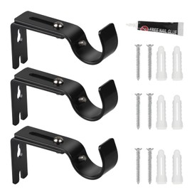 EXLECO 3 Pieces Curtain Rod Bracket Adjustable Metal Wall Mount Curtain Rod Holder Tension Rod Home Office Black