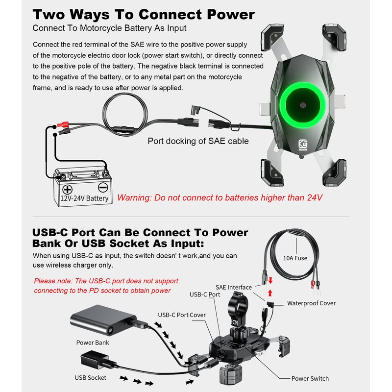Kewig Motorcycle Phone Mount with Qi 15W Wireless Charger &