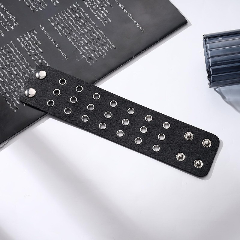 JAZTAKU Punk Rock Black Bracelet Leather Cuff Bangle for Men