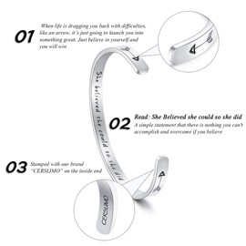 CERSLIMO Friendship Bracelet for Womens - Inspirational Friendship Gifts for Best Friend, Motivational Cuff Bangle for Sisters Mother Teacher Gifts Bracelet Birthday Christmas Gifts, She Believed