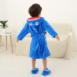 LOLANTA Boys' Girls' Hooded Bathrobe Soft Animal Plush Robe Kids Sleepwear Dressing Gown Gift (Blue, 2-3 Years)
