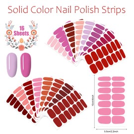 JERCLITY 224 Pieces 16 Sheets Red Solid Color Nail Strips Stick On Nail Polish Strips Pink Nail Wraps with Nail File Self-Adhesive Nail Stickers Full Nail Wraps for Women Girls Nail Art