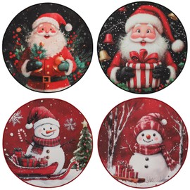 OWENIE Christmas Placemats Set of 4, Vintage Santa Claus Snowman Printed Red Table Mats, Festive Xmas Holiday Winter Table Decor for Christmas Party, Cafe Table, Kitchen, 15 Inch Round