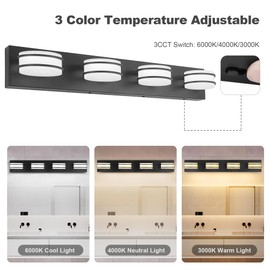 GOODATE 3 Color Temperature Dimmable Bathroom Light Fixtures Over Mirror, LED Black 4 Light Vanity Lighting Fixtures, Acrylic Stainless Steel Oval Shade Vanity Lights for Bathroom, ETL Certificated