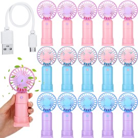 Woanger 15PCS Mini Handheld Fan Bulk 3 Speeds USB Hand Fans with Base Battery Operated Small Portable Desk Fan Electric Eyelash Fan for Wedding Travel Camping(Pink, Blue, Purple)