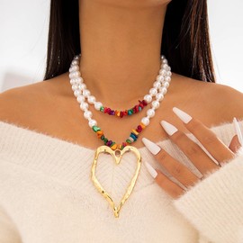 Large Heart Necklaces for Women Pearl Chunky Gold Pendant Choker Statement Necklace Summer Boho Jewelry (Colorful)