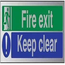 V Safety Fire Exit-Fire Exit/Keep Clear Sign - 300mm x 100mm - 3mm Brushed Alu Comp